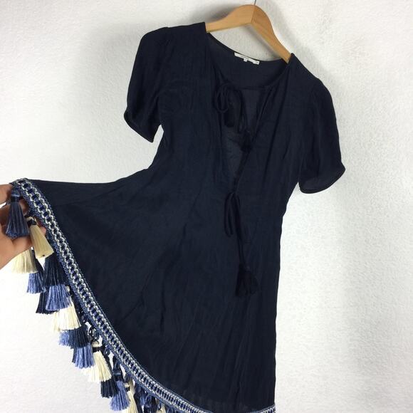 Revolve Tularosa Tallulah Blue Tassel Hem Mini Dress XS Plunge Neckline Boho - Picture 13 of 16